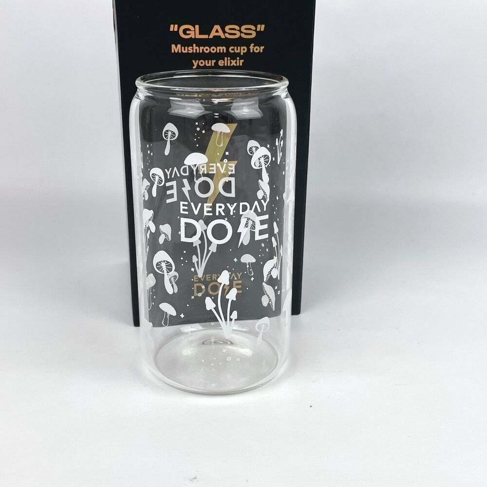 Everyday Dose Mushroom Glass Cup Elixir 16oz Clear Tumbler Coffee Mug Brand New